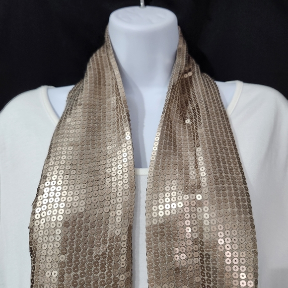 Taupe Sequin Scarf Raw Edge Glam Party Holiday Sparkle Shimmer Rave Disco - Picture 3 of 3